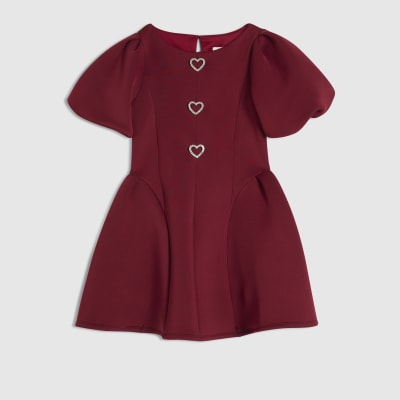 Girls Burgundy Premium Puff Sleeve Dress