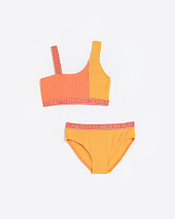 Girls coral asymmetric colour block bikini