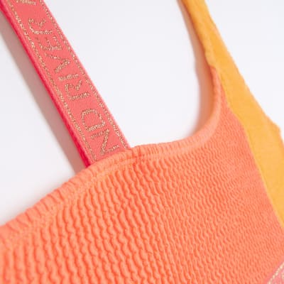 Girls coral asymmetric printed bikini
