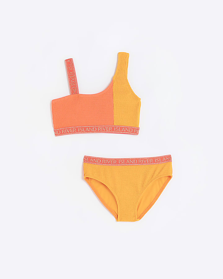 Girls coral asymmetric printed bikini