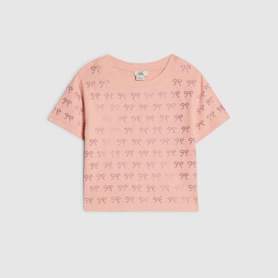 Girls Coral Bow Diamante T-Shirt