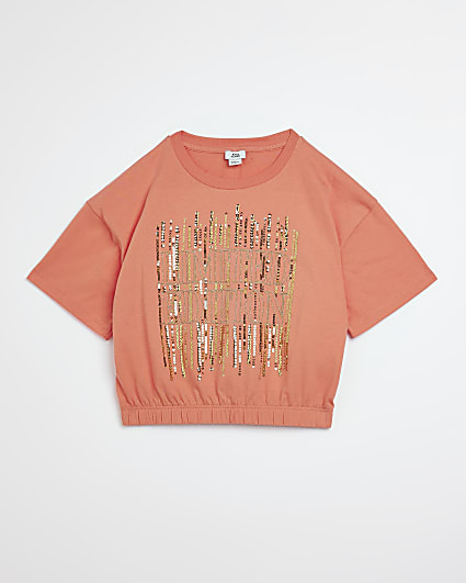 Girls coral embellished t-shirt