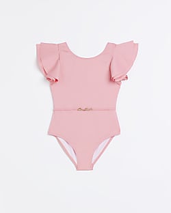Girls Coral Frill Sleeve Ribbed Swimsuit