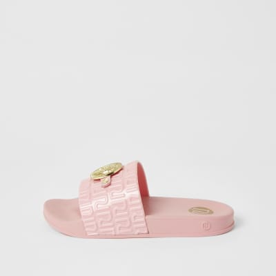 Girls coral panther head RI jelly sliders | River Island