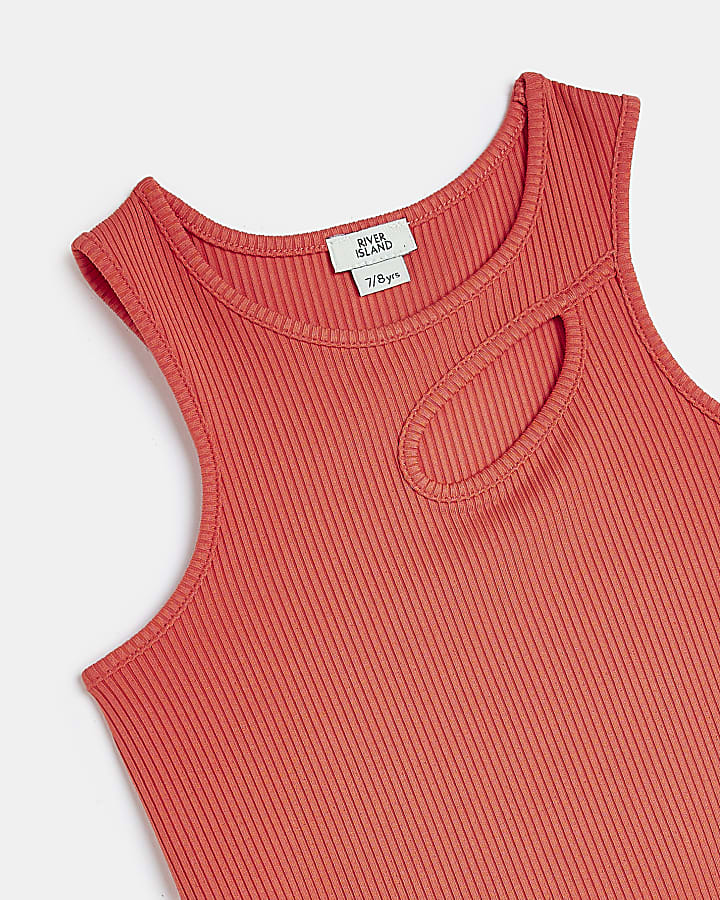 Girls coral ribbed cut out racer top