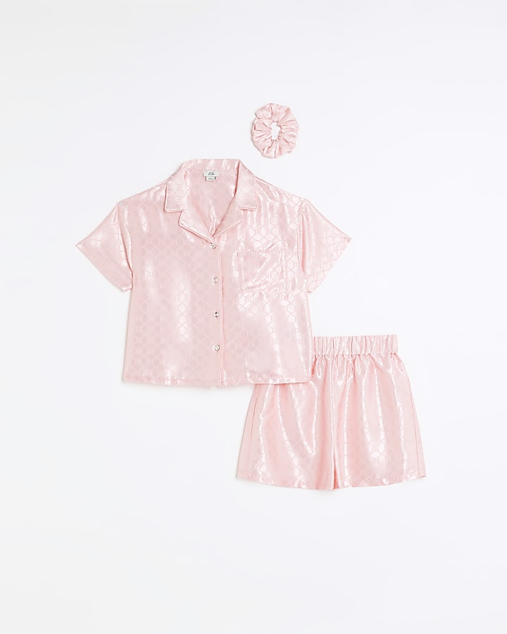Girls coral satin short sleeve pyjama set