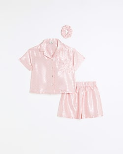 Girls coral satin short sleeve pyjama set