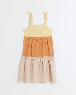 Girls coral tiered bow smock dress