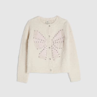 Girls Cream 3D Bow Embellished Cardigan