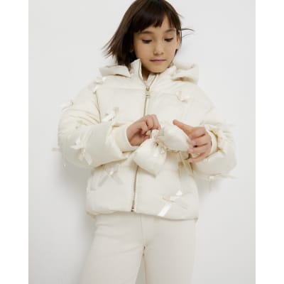 Girls Cream 3D Bow Padded Jacket