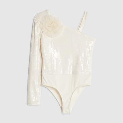 Girls Cream 3D Flower Sequin Bodysuit