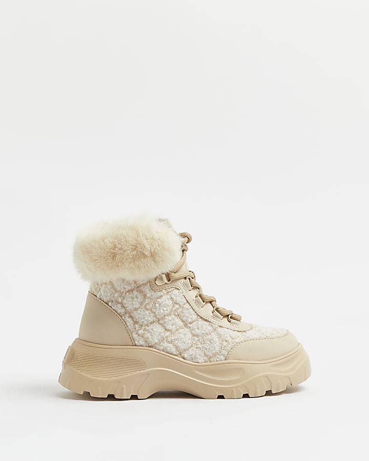 Girls cream borg faux fur hiker boots