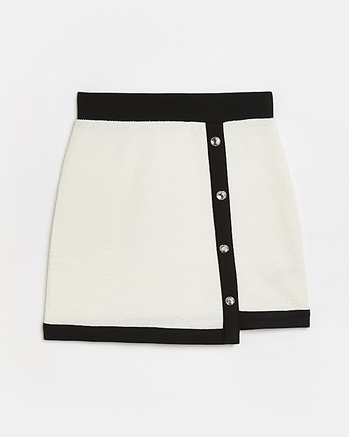 Girls cream boucle button detail skirt