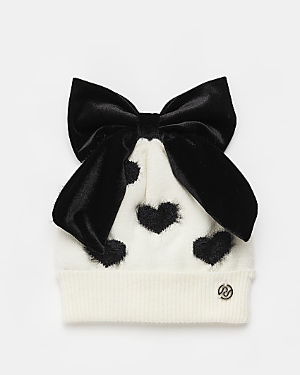 Girls Cream Bow Heart fluffy Beanie hat