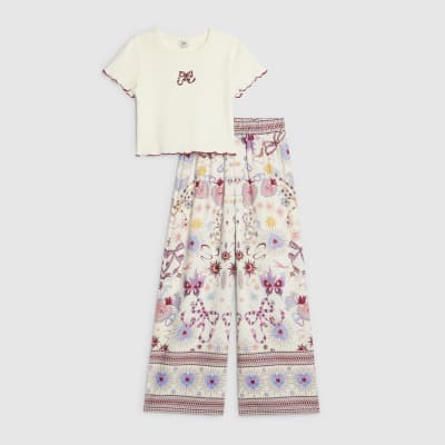 Girls Cream Bow T-Shirt & Trouser Set