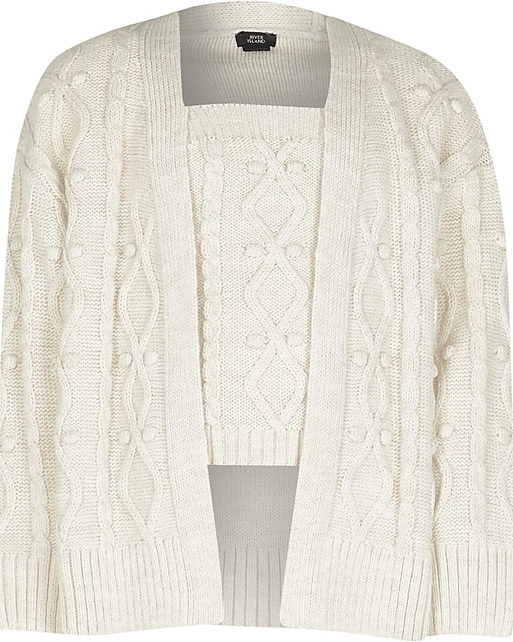 Girls cream cable knit cami and cardigan set