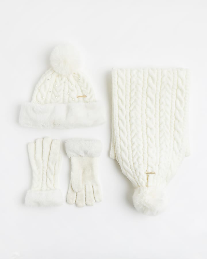 Girls cream cable knit hat, scarf and gloves