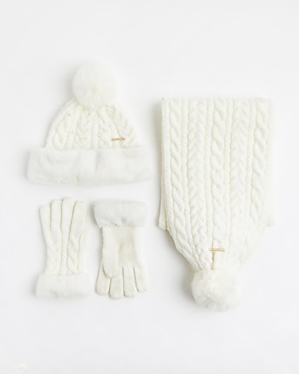 Girls cream cable knit hat, scarf and gloves