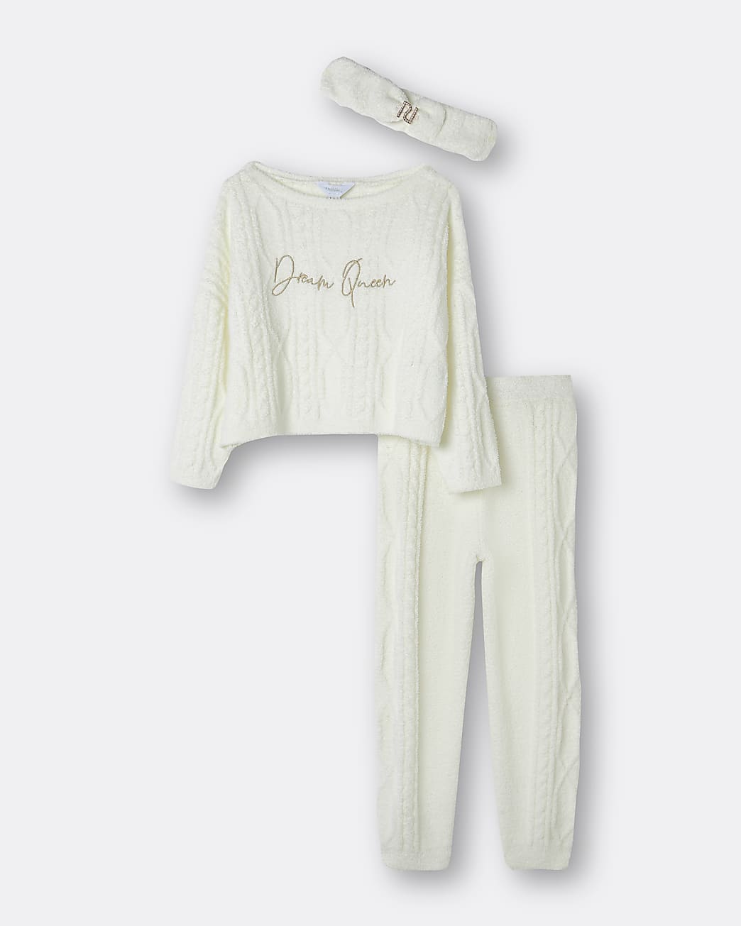 Girls cream cable knit lounge 3 piece set