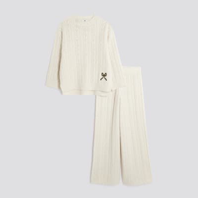 Girls Cream Cable Knitted Bow Wide Leg Set