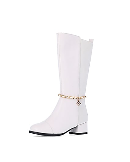 360 degree animation of product Girls Cream Chain Knee High Boots frame-1