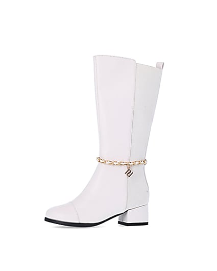 360 degree animation of product Girls Cream Chain Knee High Boots frame-2