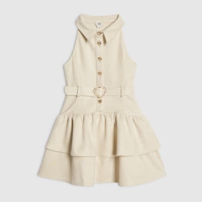 Girls Cream Collared Faux Suedette Dress