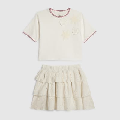 Girls Cream Crochet T-Shirt & Skirt Set