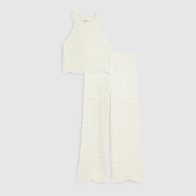Girls Cream Crochet Trouser Set