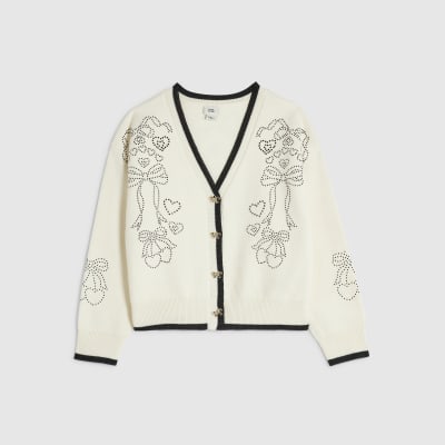 Girls Cream Diamante Bow Cardigan