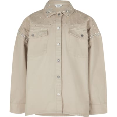 Girls cream diamante denim shacket River Island