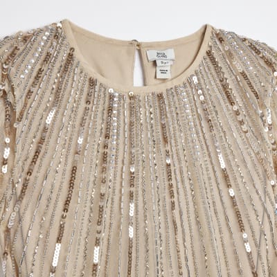Girls cream embellished belted dress