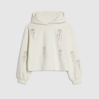 Girls Cream Embellished Hoodie