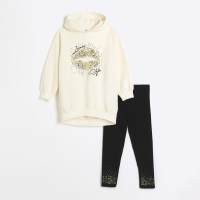 Girls cream embellished Lip Hoodie Set