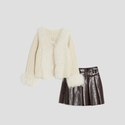 Girls Cream Faux Feather Cardigan & Skirt Set