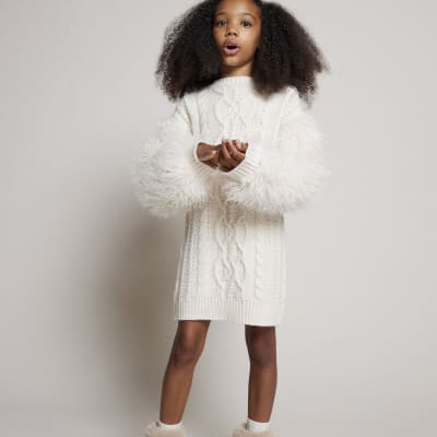 Girls Cream Faux Feather Fringe Jumper Dress River Island