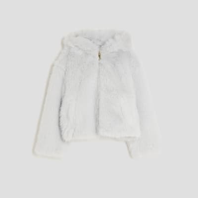 Girls Cream Faux Fur Bomber Jacket
