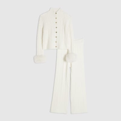 Girls Cream Faux Fur Cable Knit Cardigan Set