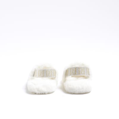 Girls cream faux fur diamante slippers River Island