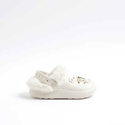Girls Cream Faux Fur Lined Gem Clogs River Island