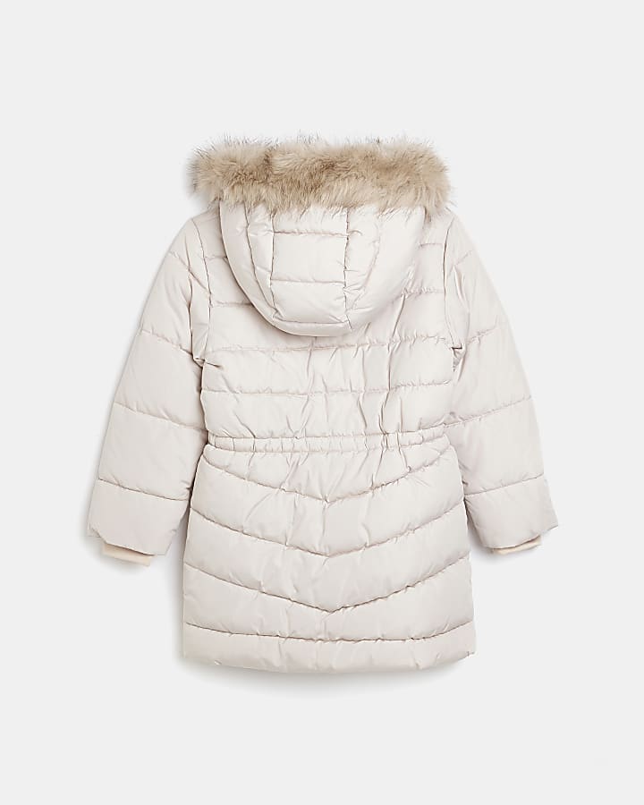 Girls cream faux fur trim hooded puffer coat