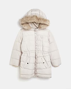 Girls cream faux fur trim hooded puffer coat