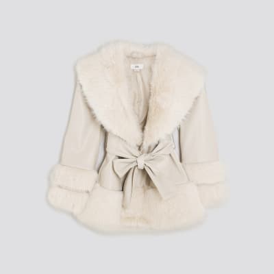 Girls Cream Faux Fur Wrap Coat