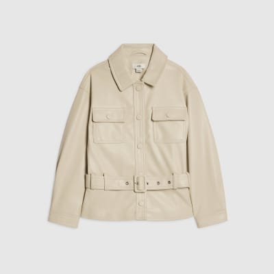 Girls Cream Faux Leather Belted Jacket