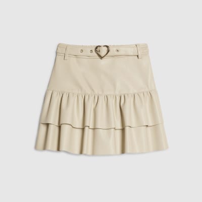 Girls Cream Faux Leather Belted Skirt