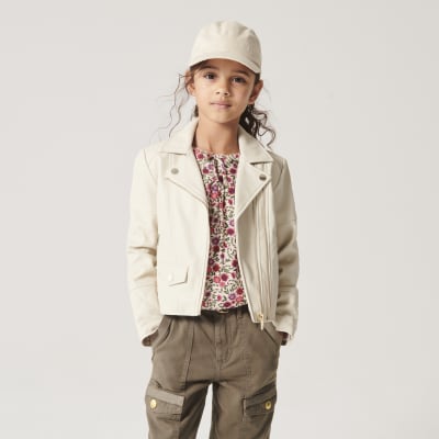 Girls Cream faux leather biker jacket