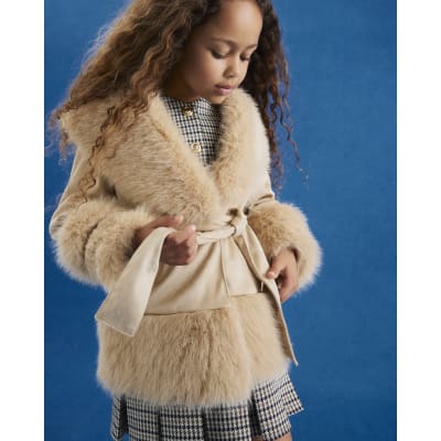 Girls Cream Faux Suede Faux Fur Wrap Coat