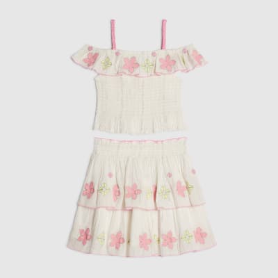 Girls Cream Floral Bardot Top & Skirt Set