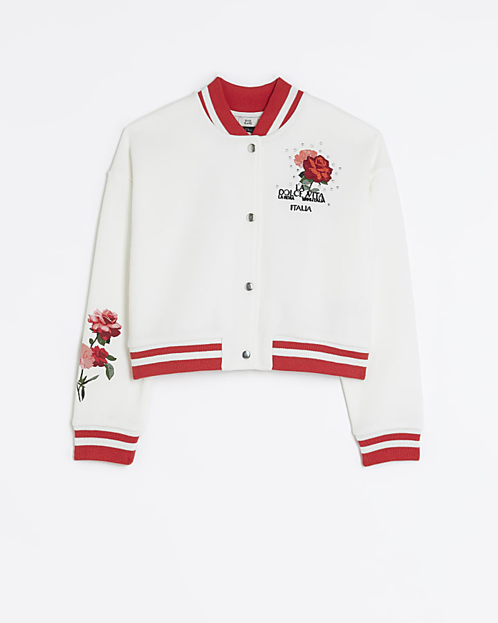 Girls Cream floral bomber jacket
