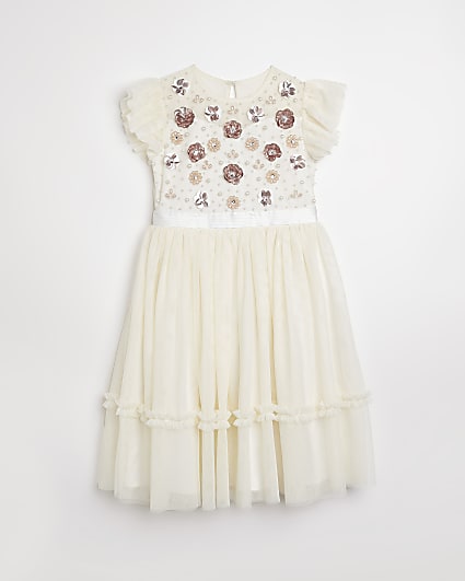 Girls cream floral embellished tulle dress